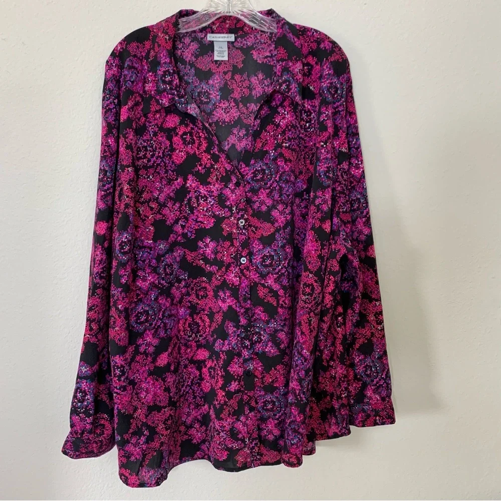 Catherine's Long Sleeve Button Down Collar Shirt Abstract Floral Print size 4X - Picture 1 of 12
